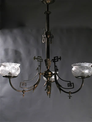 3-Light Eastlake Gas Chandelier with Crown Gas Shades